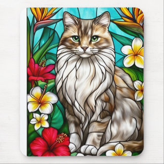 Mousepad Stained-Glass Cat Portrait Elegant Longhair Cat