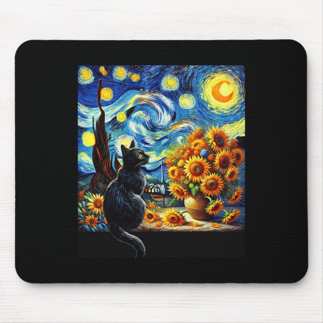 Mousepad Starnight Vincent Van Gogh Sunflower Cat Lover (Frente)