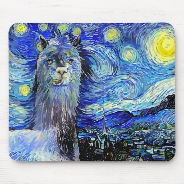 Mousepad Starry Night Funny Alpaca Landscape Parody (Frente)