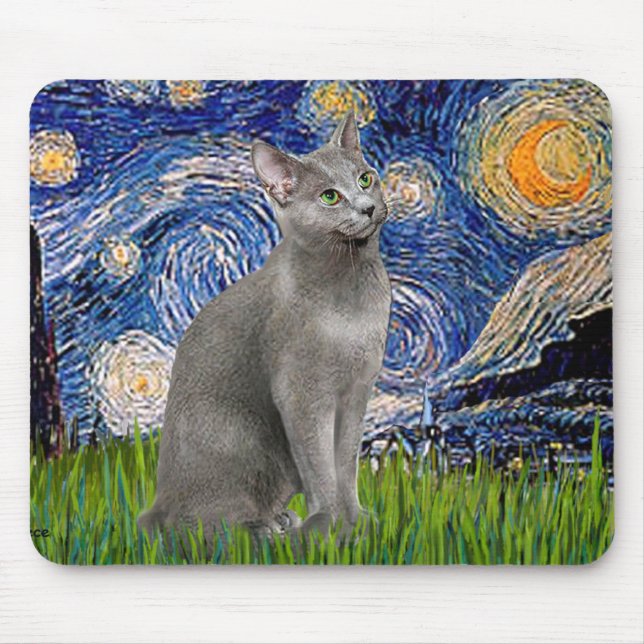 Mousepad Starry Night - gato azul russo (Frente)