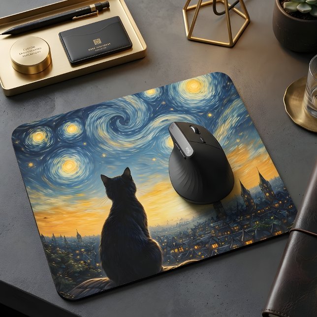Mousepad Starry Night Overlook Black Cat & Twinkling Town  (Criador carregado)