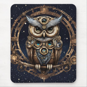 Mousepad Steampunk Owl contra o céu estrelado