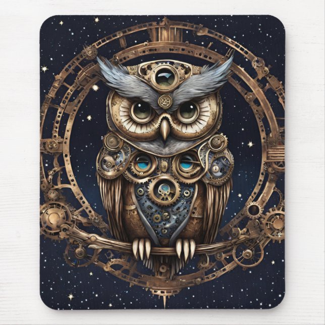 Mousepad Steampunk Owl contra o céu estrelado (Frente)