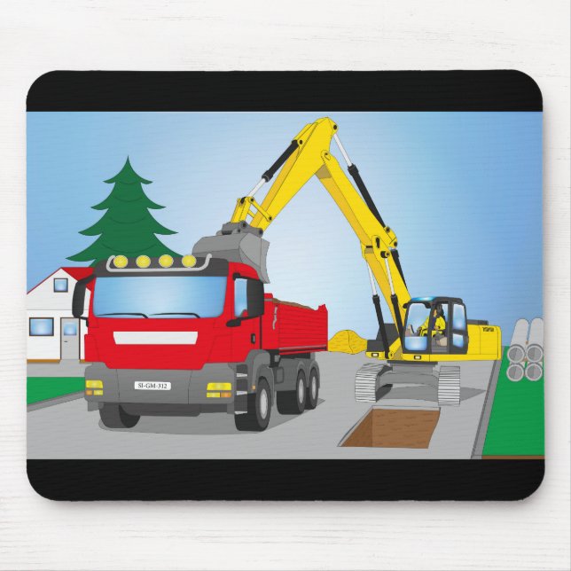 Mousepad Straßenbaustelle mit rotem LKW und gelben Bagger (Frente)