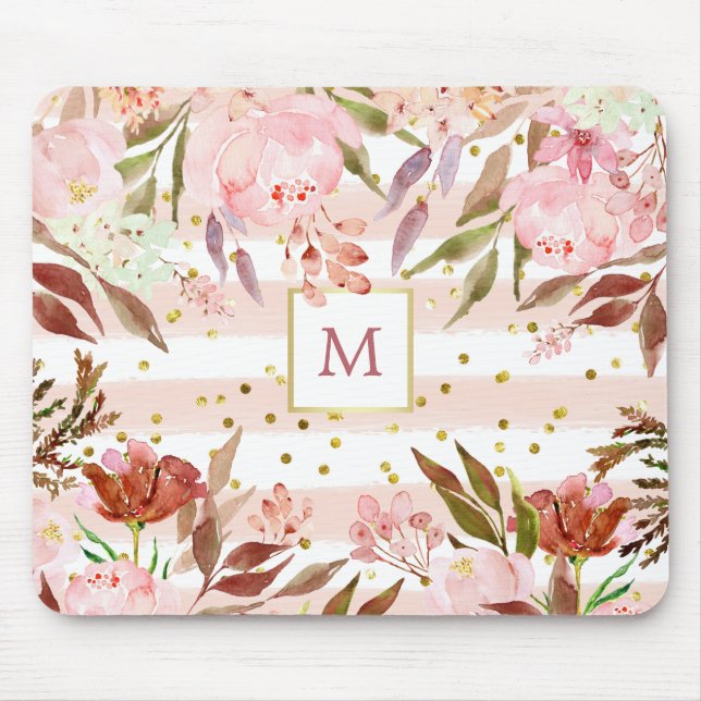 Mousepad Stripes de Aquarela e Floral com Pontos Dourados (Frente)