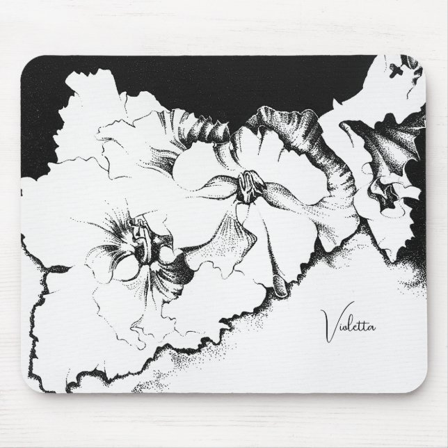 Mousepad Stylish Black & White Original Stipple Art Floral (Frente)