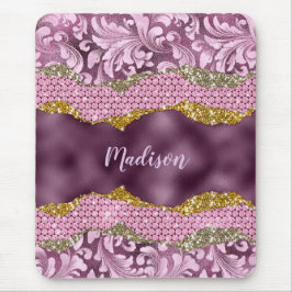 Mousepad Stylish floral glittery Purple pink gold monogram