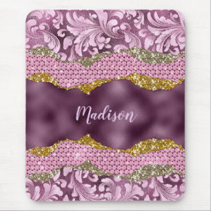 Mousepad Stylish floral glittery Purple pink gold monogram