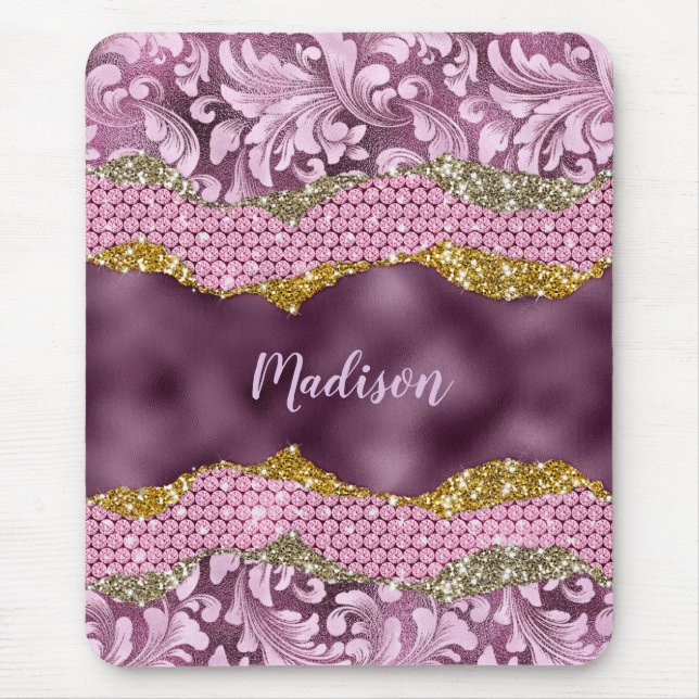Mousepad Stylish floral glittery Purple pink gold monogram (Frente)
