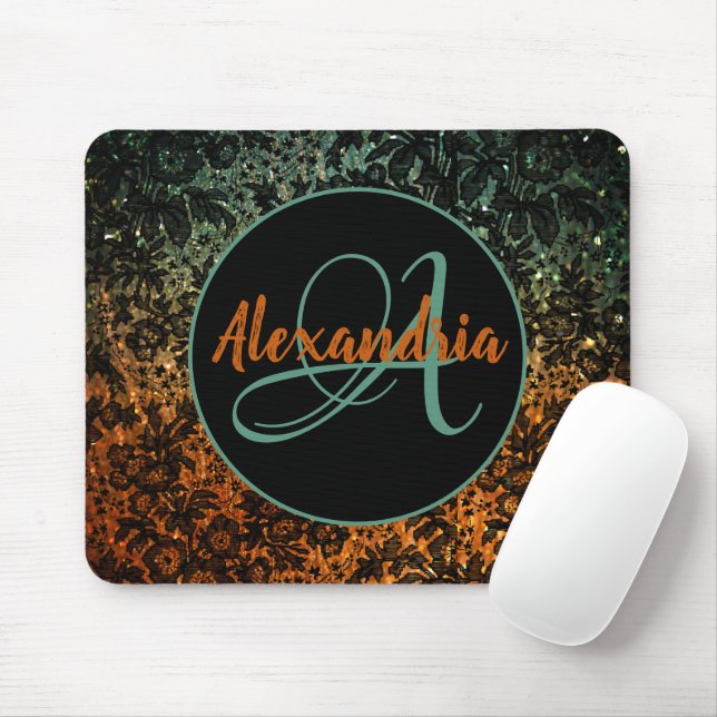Mousepad Stylish Orange and Green Black Floral Monogram   (Com mouse)