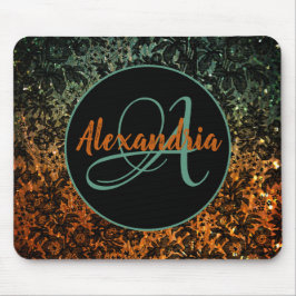 Mousepad Stylish Orange and Green Black Floral Monogram