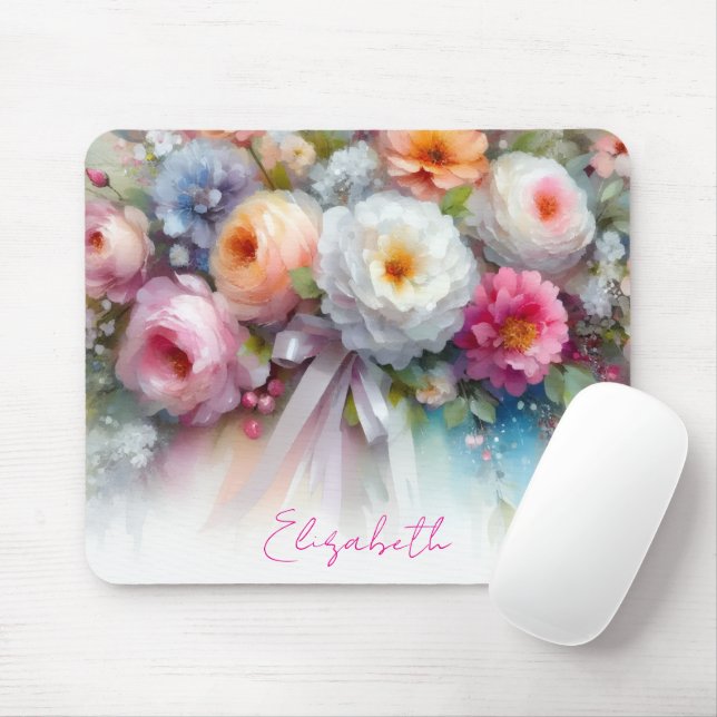 Mousepad Stylish Watercolour Floral Your Custom Text Name (Com mouse)