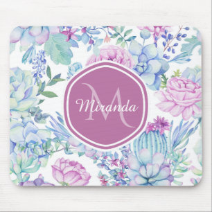 Mousepad Succulent roxo e azul elegante floral com nome