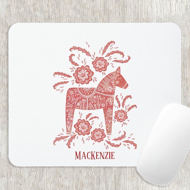 Mousepad sueco Dala Horse Personalizado (Swedish Dala Horse red and white personalized name mousemat)