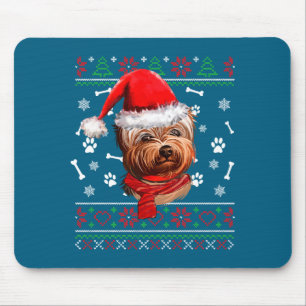 Mousepad Suéter Feio Natal Cachorro Yorkie Chapéu de Papai