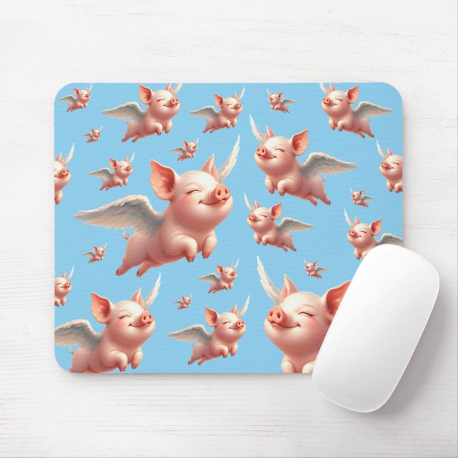 Mousepad Suínos bonitos voando alegremente em céus azuis su (Com mouse)