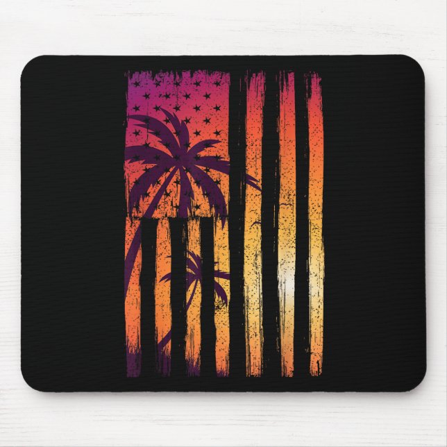 Mousepad Summer Sunset Palm Trees American Flag Primavera,  (Frente)