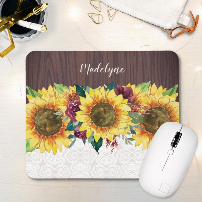 Mousepad Sunflower Floral Rustic Nome Personalizado (Criador carregado)