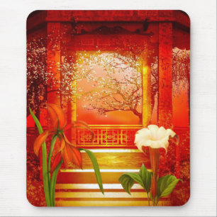 Mousepad Suporte de Mouse Vermelho Dourado Amarelo Floral