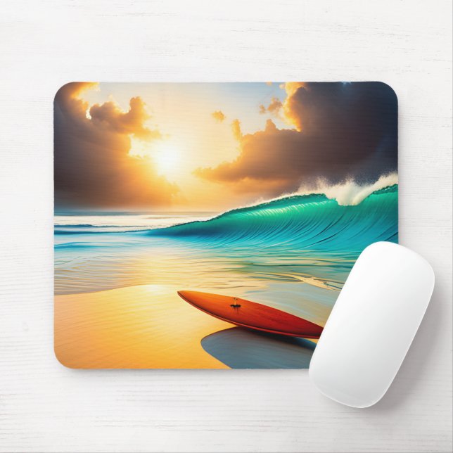 Mousepad Surfboard Em Uma Praia Sunrise (Com mouse)