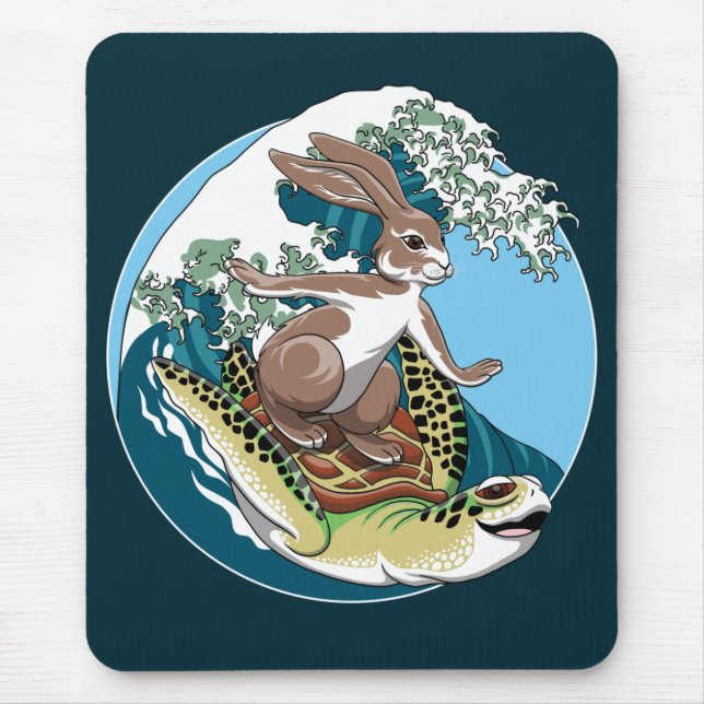 Mousepad Surfe de Verão - Ilustração de Tartaruga e Coelho (Frente)