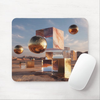Mousepad Surreal Geometric Composition With Golden Spheres