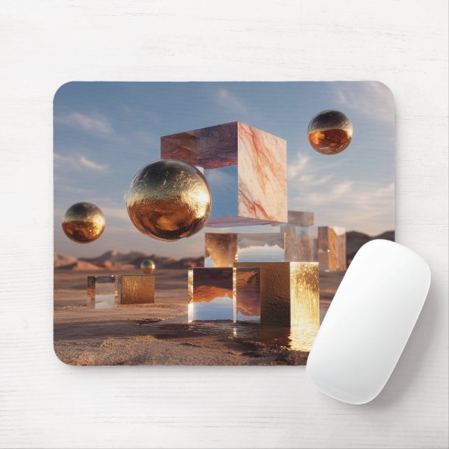 Mousepad Surreal Geometric Composition With Golden Spheres (Com mouse)