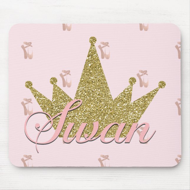 Mousepad Swan Princess Pink & Dourada Glitter Crown Glam (Frente)