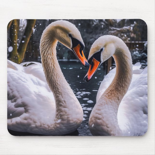 Mousepad Swans Românticos em uma Terra Maravilha de inverno (Frente)