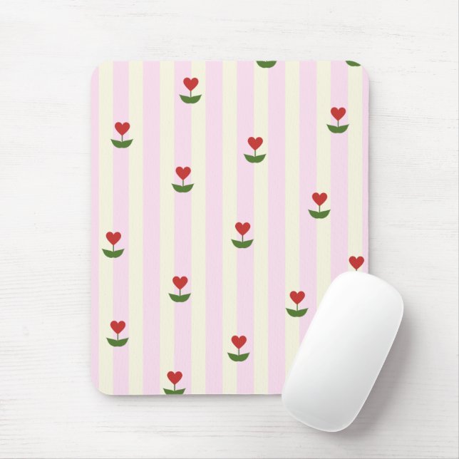 Mousepad Sweet Heart Flower Pattern – Soft Pink Striped  (Com mouse)