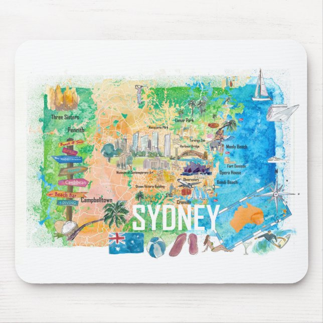 Mousepad Sydney Austrália Ilustrou Mapa com Pontos de Vista (Frente)