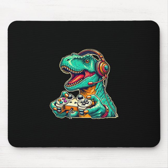 Mousepad T-rex Jogando Com Headset Dinossauro Engraçado Grá (Frente)