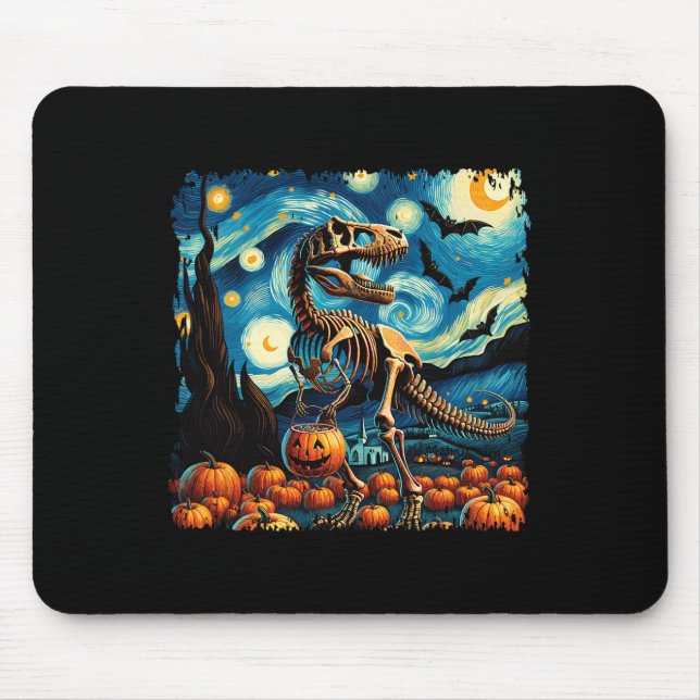 Mousepad T-rex Skeleton Halloween Van Gogh Starry Night Fal (Frente)