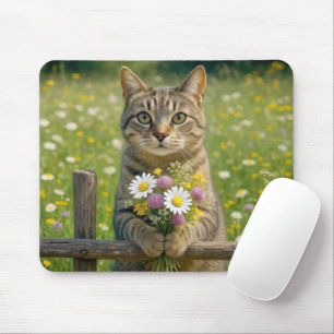 Mousepad Tabby Cat com Buquê de flor selvagem