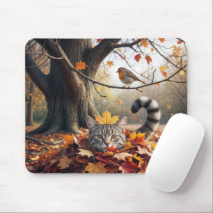 Mousepad Tabby Cat em uma pilha de Folhas de outono