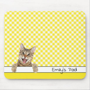 Mousepad Tabby Cat em Yellow Gingham