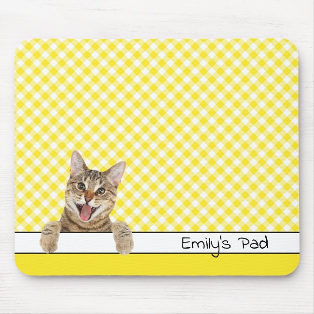 Mousepad Tabby Cat em Yellow Gingham  (Frente)