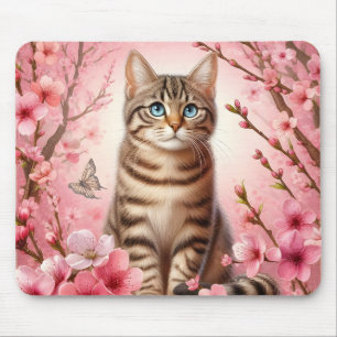 Mousepad Tabby Cat Japonês Cherry Blossom Flower Kitten