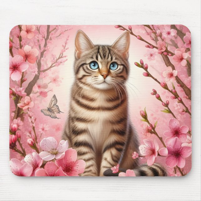 Mousepad Tabby Cat Japonês Cherry Blossom Flower Kitten (Frente)