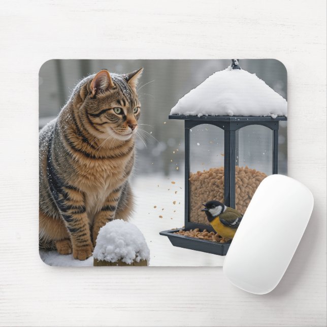 Mousepad Tabby Cat Watching a Bird On a Feeder (Com mouse)