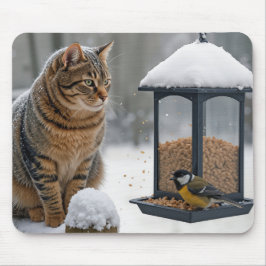 Mousepad Tabby Cat Watching a Bird On a Feeder