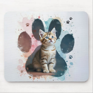 Mousepad Tabby Kitten em uma Impressão de Paw Watercolor
