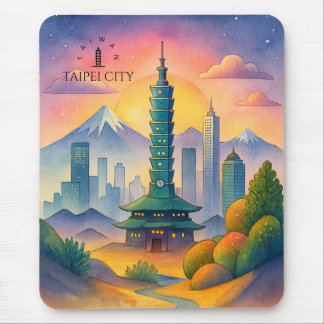 Mousepad Taipei City Taiwan Skyline Watercolor