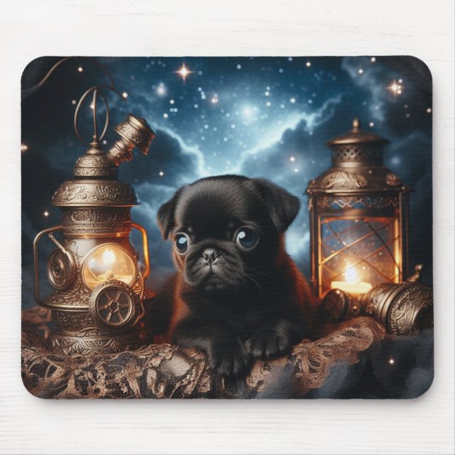 Mousepad Tampo de Mouse com Cachorrinho Pug Preto e Lantern (Frente)