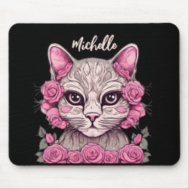 Mousepad Tampo de Mouse Floral Gato Rosa com Rosas Personal