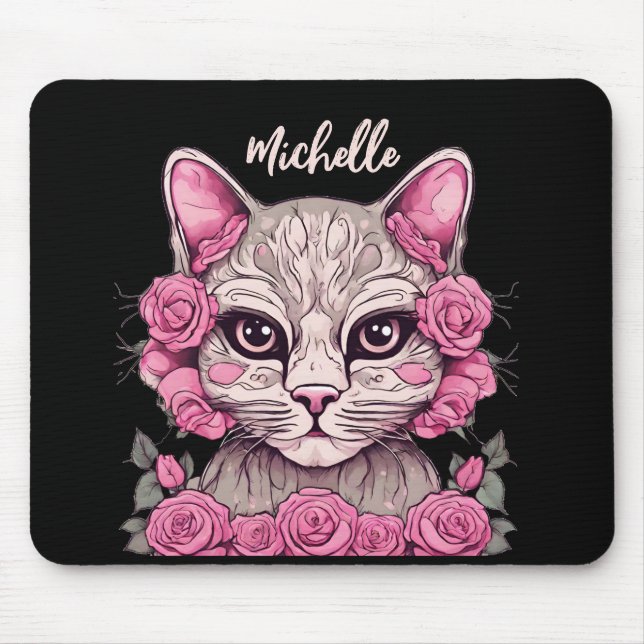 Mousepad Tampo de Mouse Floral Gato Rosa com Rosas Personal (Frente)