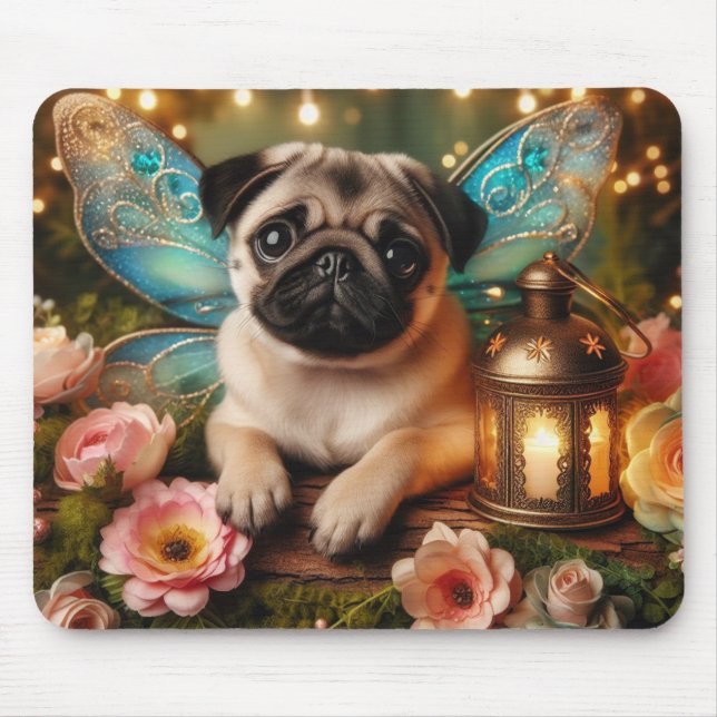 Mousepad Tampo de Mouse Pug de Filhote com Asa de Fada e Fl (Frente)