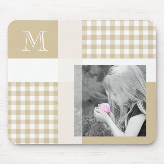 Mousepad Tan Adicionar Sua Foto Gingham Modern Brown Monogr (Frente)