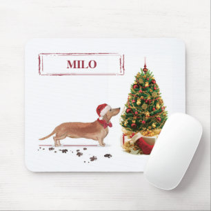 Mousepad Tan Dachshund Engraçado Cachorro de Natal com Árvo