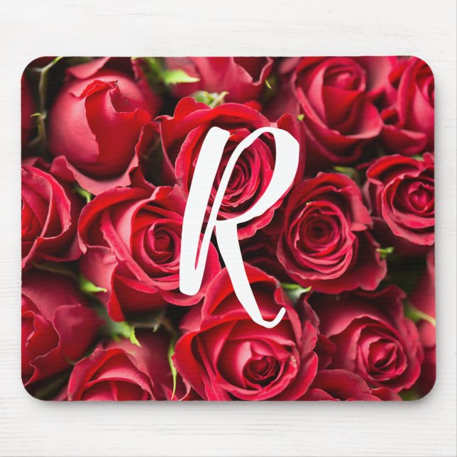 Mousepad Tapete de Mouse com Rosas Vermelhas Monogramadas (Frente)